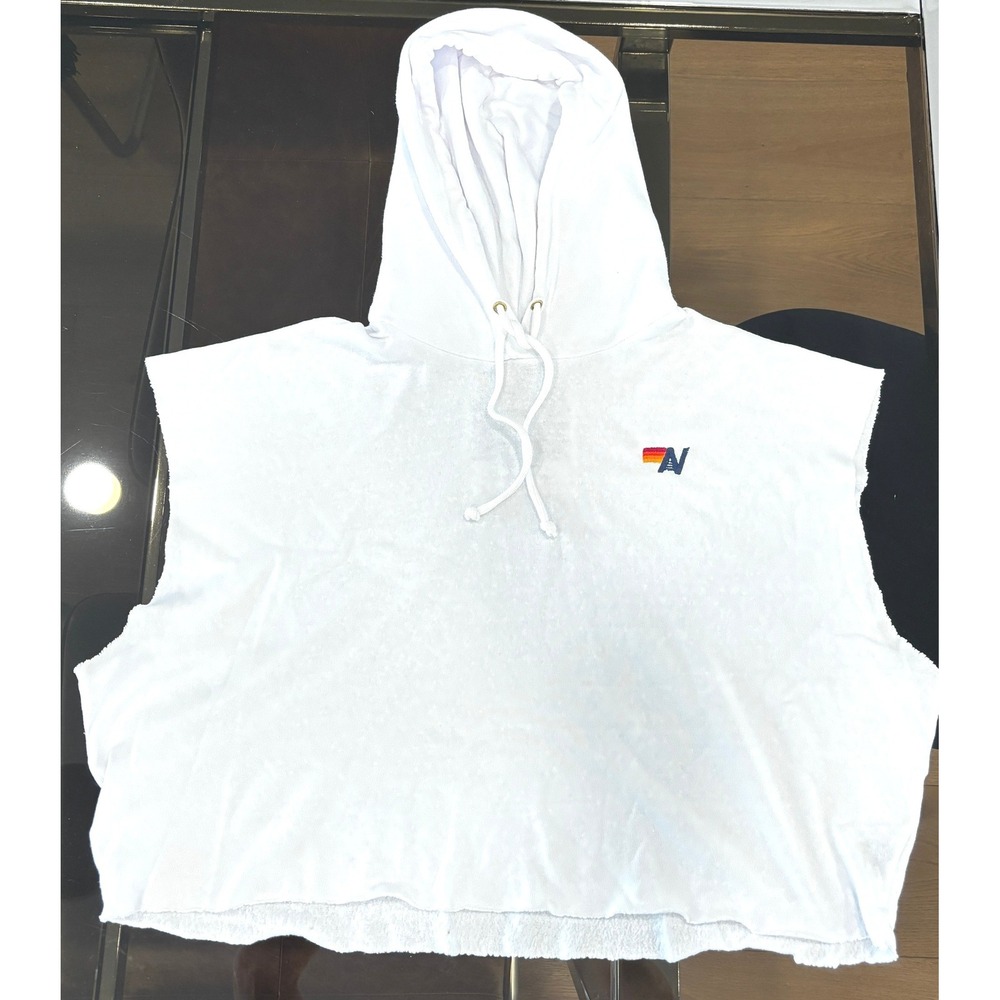 Aviator Nation Sleeveless Cropped Hoodie Sweatshirt White Rainbow Logo, M USA